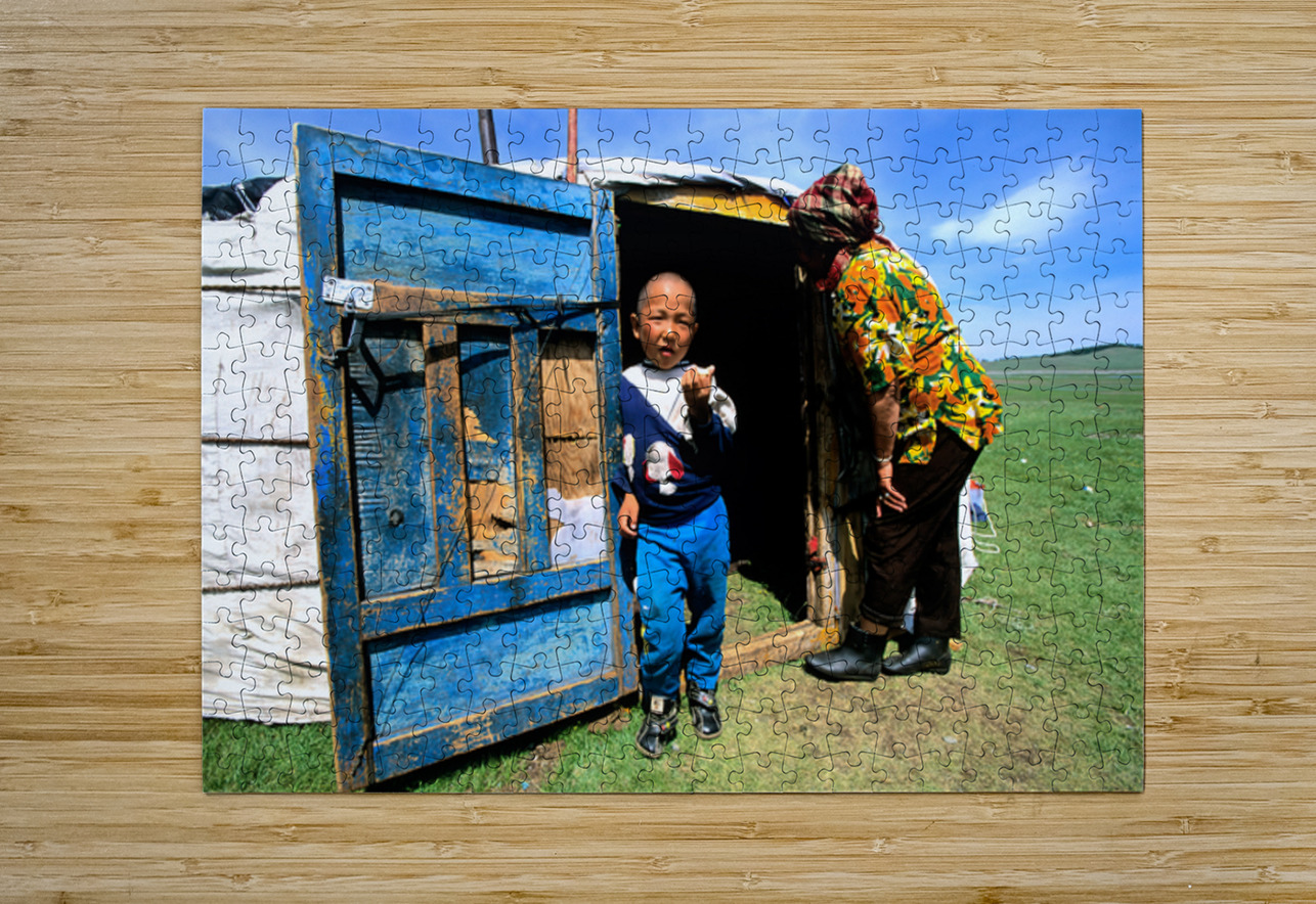 Ger tent in Mongolia with child and elder outside Marco Brivio Puzzle printing