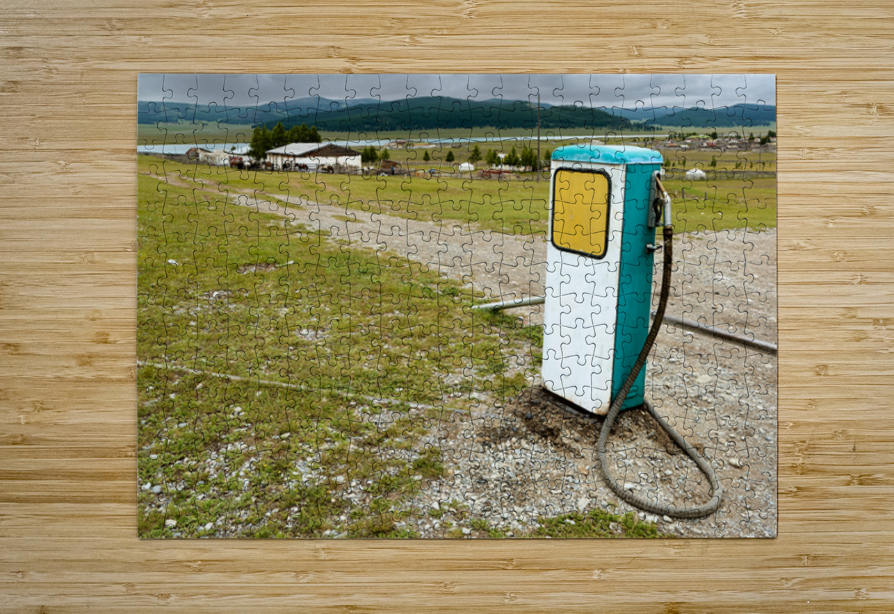 Old style soviet gas station in Mongolia near open fields Marco Brivio Puzzle printing