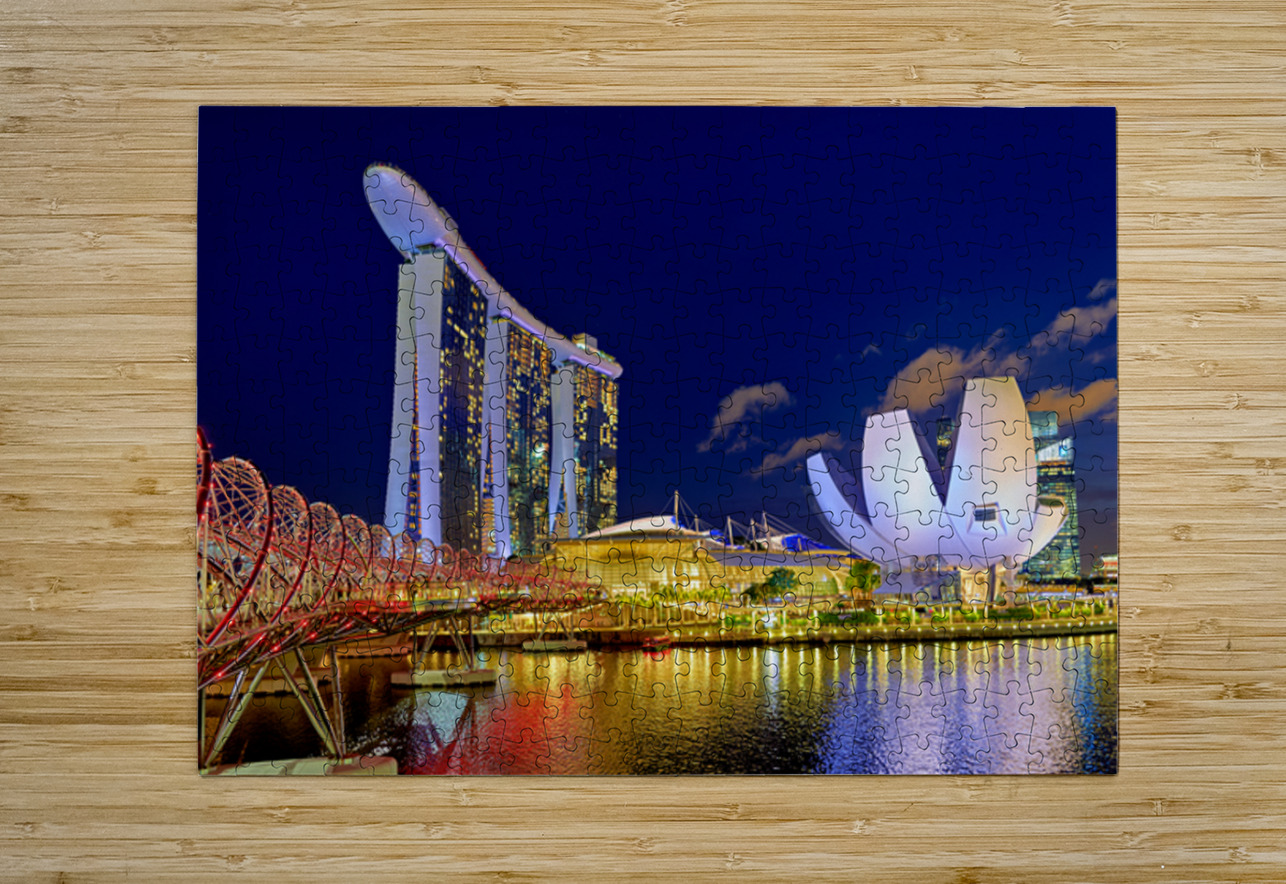 Sunset at marina bay sands artscience museum and helix bridge Marco Brivio Puzzle printing