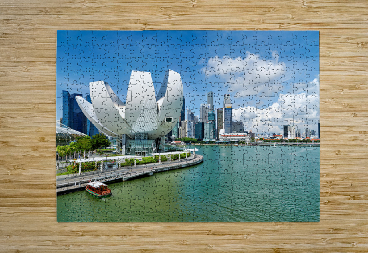 Visitors view ArtScience Museum and city skyline in Singapore Marco Brivio Puzzle printing