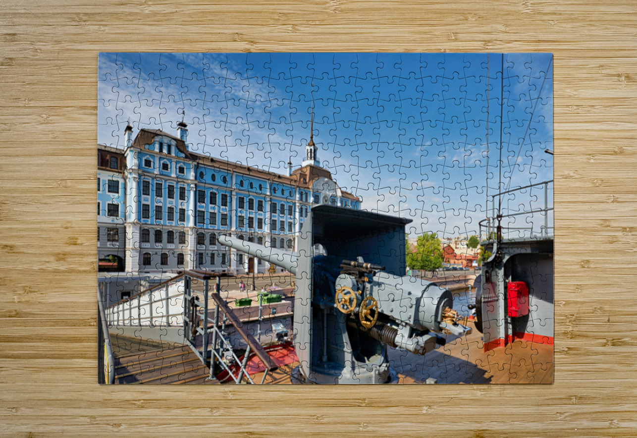 Cruiser Aurora in St. Petersburg with city background Marco Brivio Puzzle printing