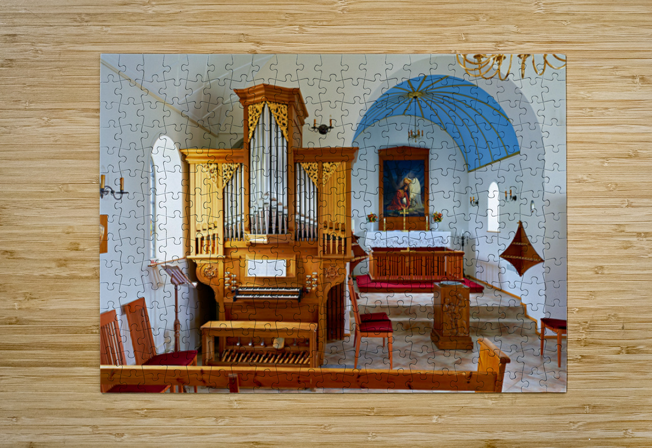 Wooden church interior with organ in Vik i Myrdal Iceland Marco Brivio Puzzle printing