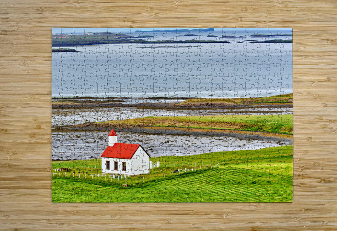 Church stands in western fjords of Iceland near the sea Marco Brivio Puzzle printing