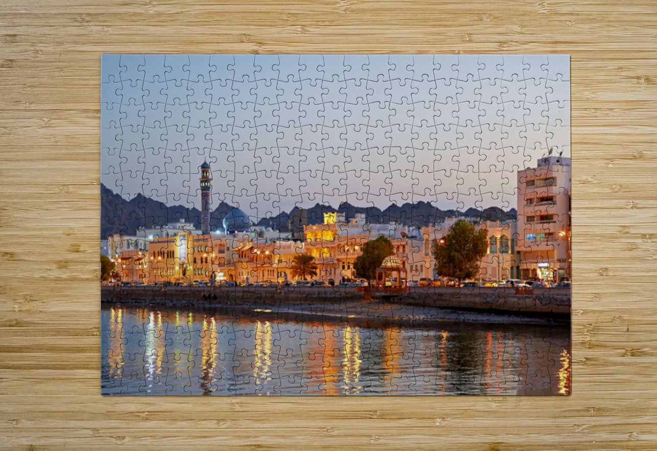 Sunset view of waterfront in Muscat Oman with city lights Marco Brivio Puzzle printing