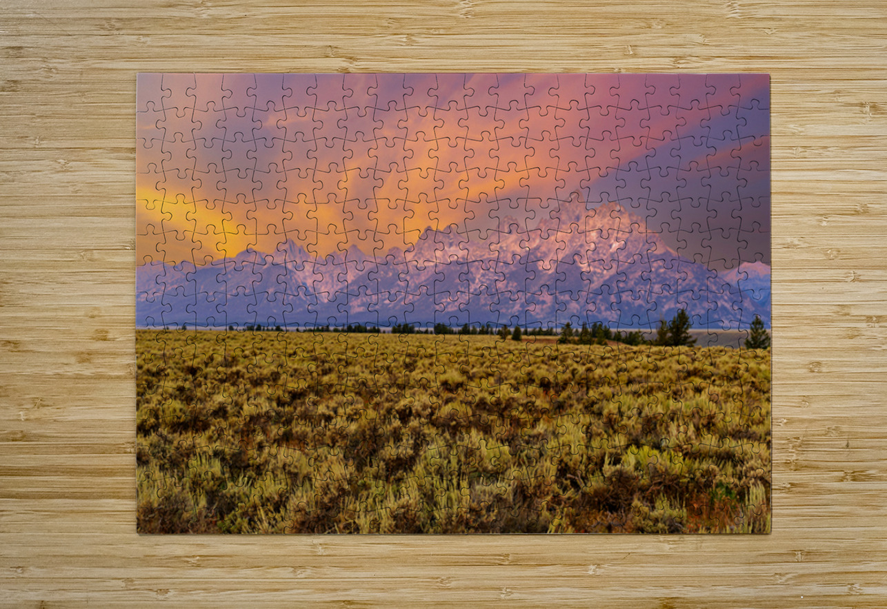 Hikers explore view of Grand Teton mountains at sunset Marco Brivio Puzzle printing