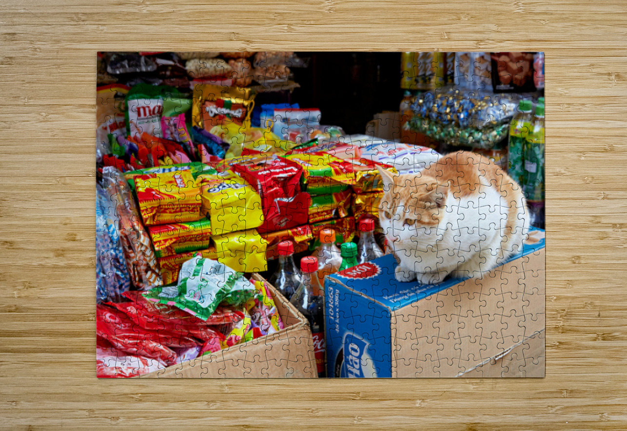 Cat sitting on boxes in Hanoi market during daytime Marco Brivio Puzzle printing
