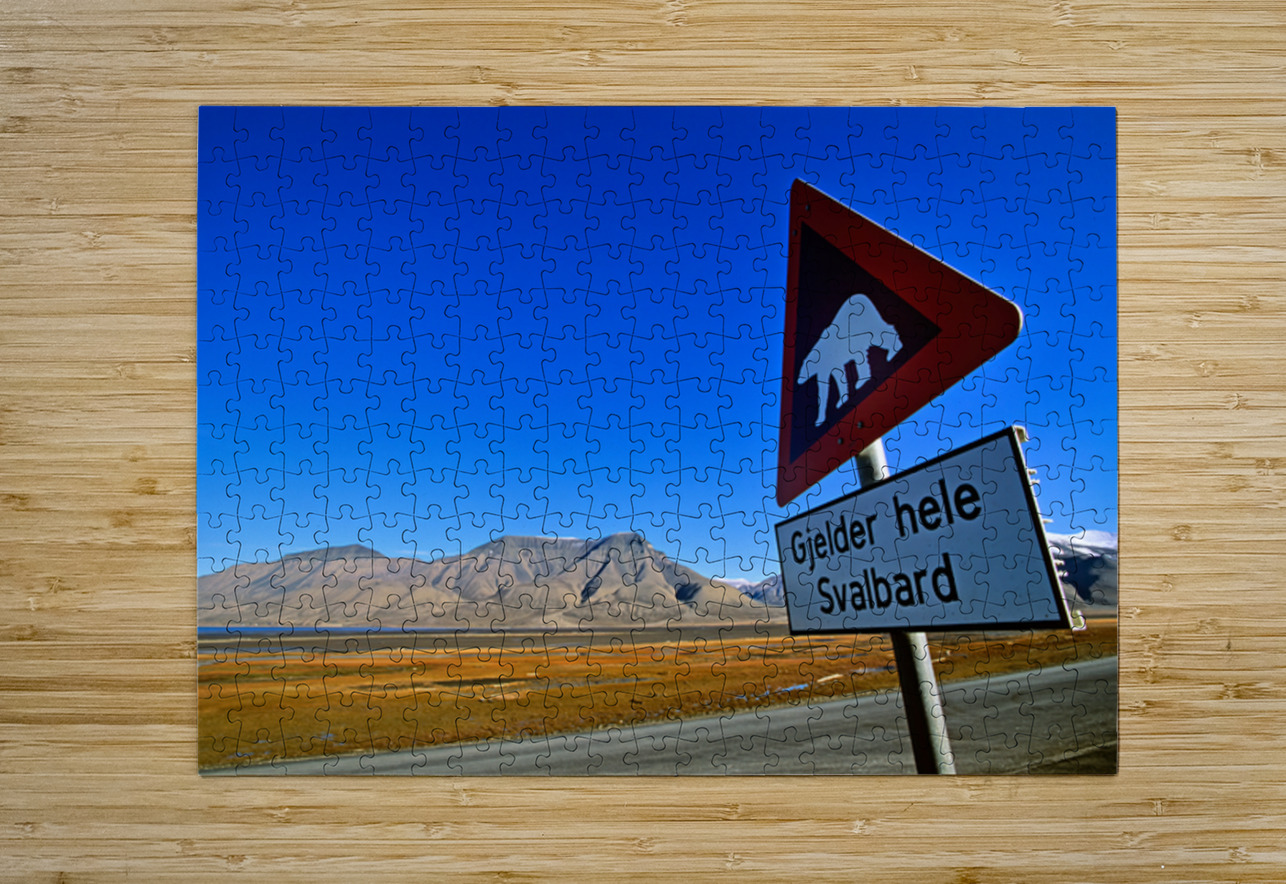 Warning sign for polar bears in Longyearbyen Svalbard Marco Brivio Puzzle printing