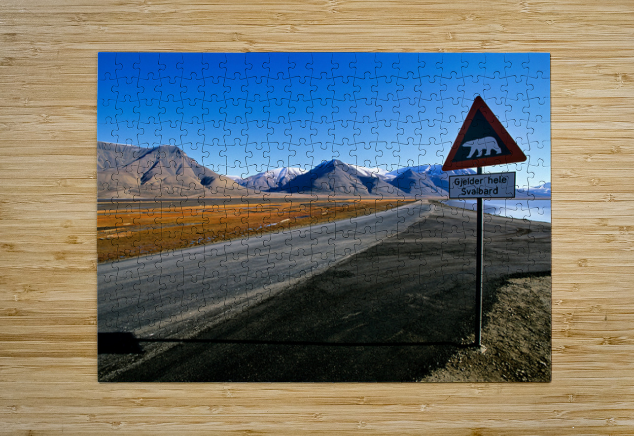 Warning signs for polar bears in Longyearbyen Svalbard Marco Brivio Puzzle printing