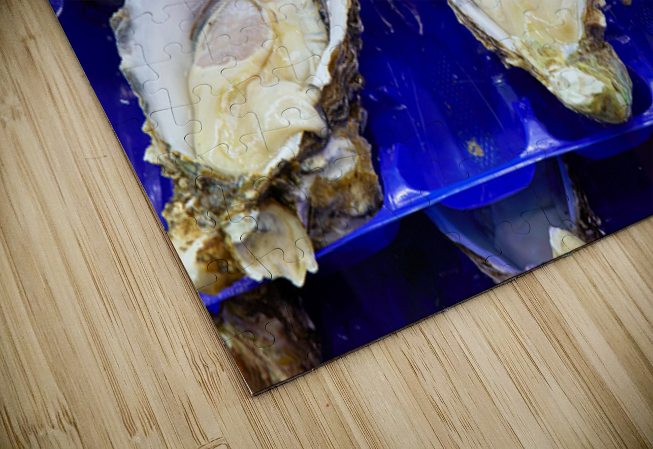 Freshly shucked oysters on blue plastic trays. Marco Brivio Puzzle