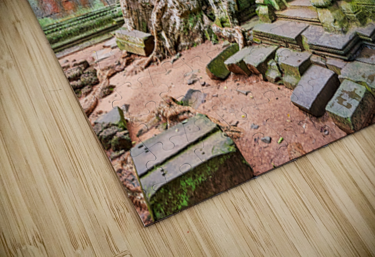 Ancient temple ruins overgrown by massive tree roots and moss. Marco Brivio Puzzle