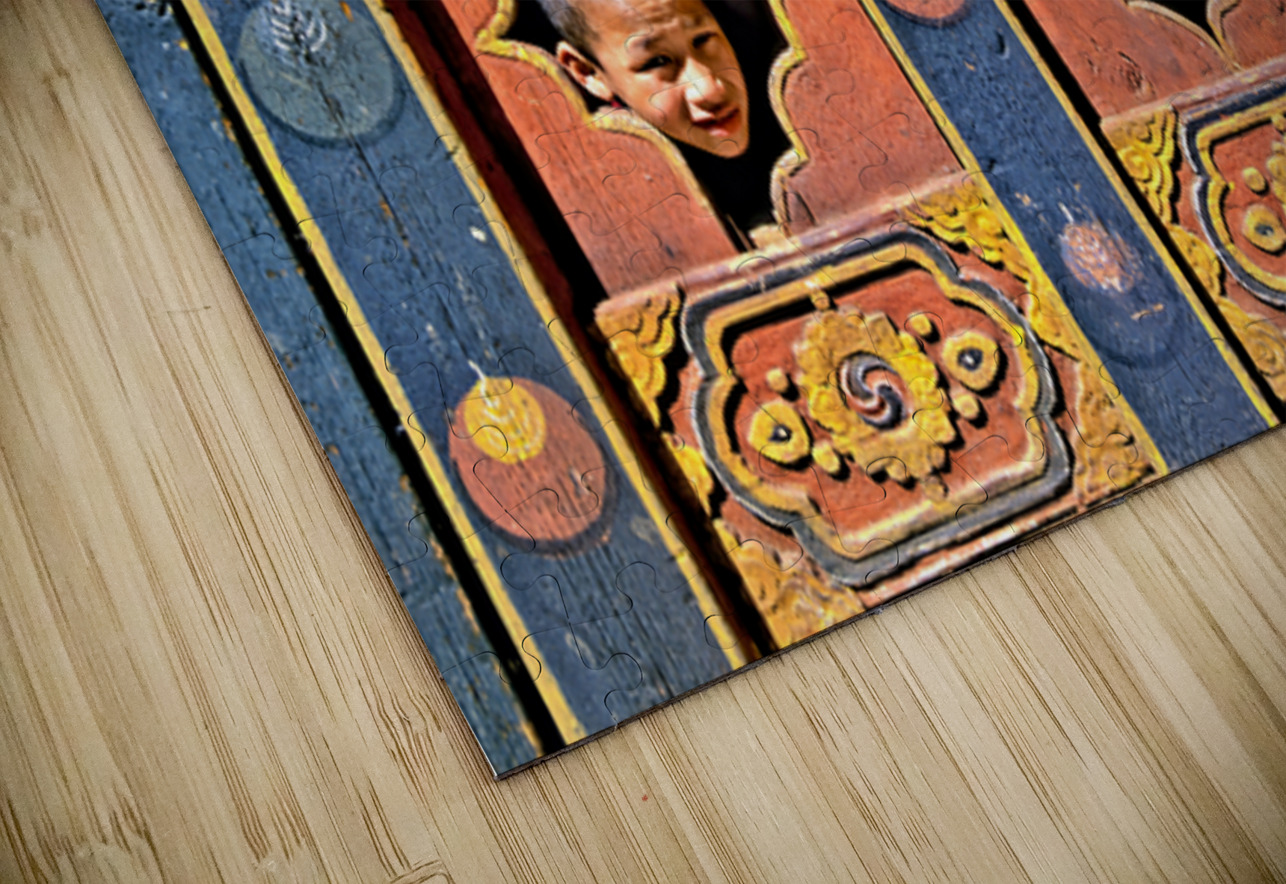 Young monks peeking from decorative colorful windows. Marco Brivio Puzzle