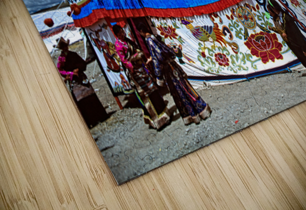 Colorful Tibetan tent with people under a cloudy sky in Tibet Marco Brivio Puzzle