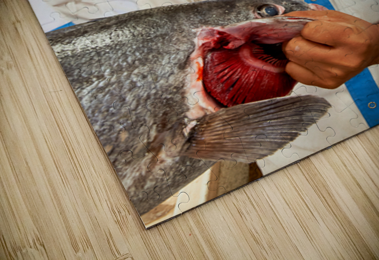 Smiling fishmongers hold fresh fish at market in Dubai UAE Marco Brivio Puzzle