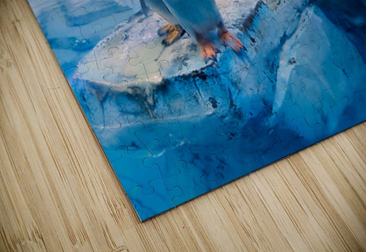 Penguins play on ice near water with a skeleton exhibit in Dubai Marco Brivio Puzzle