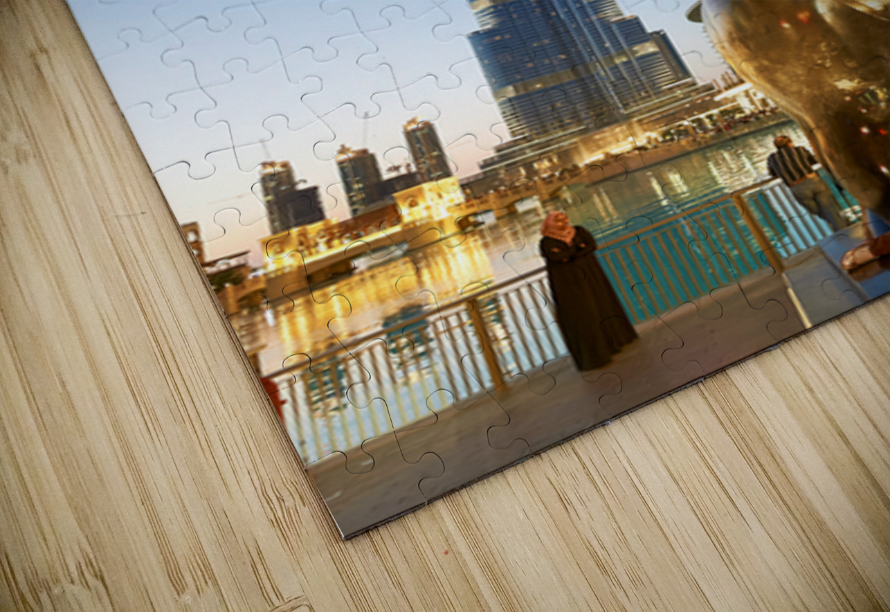 Burj Khalifa and golden horse statue at dusk in Dubai Marco Brivio Puzzle