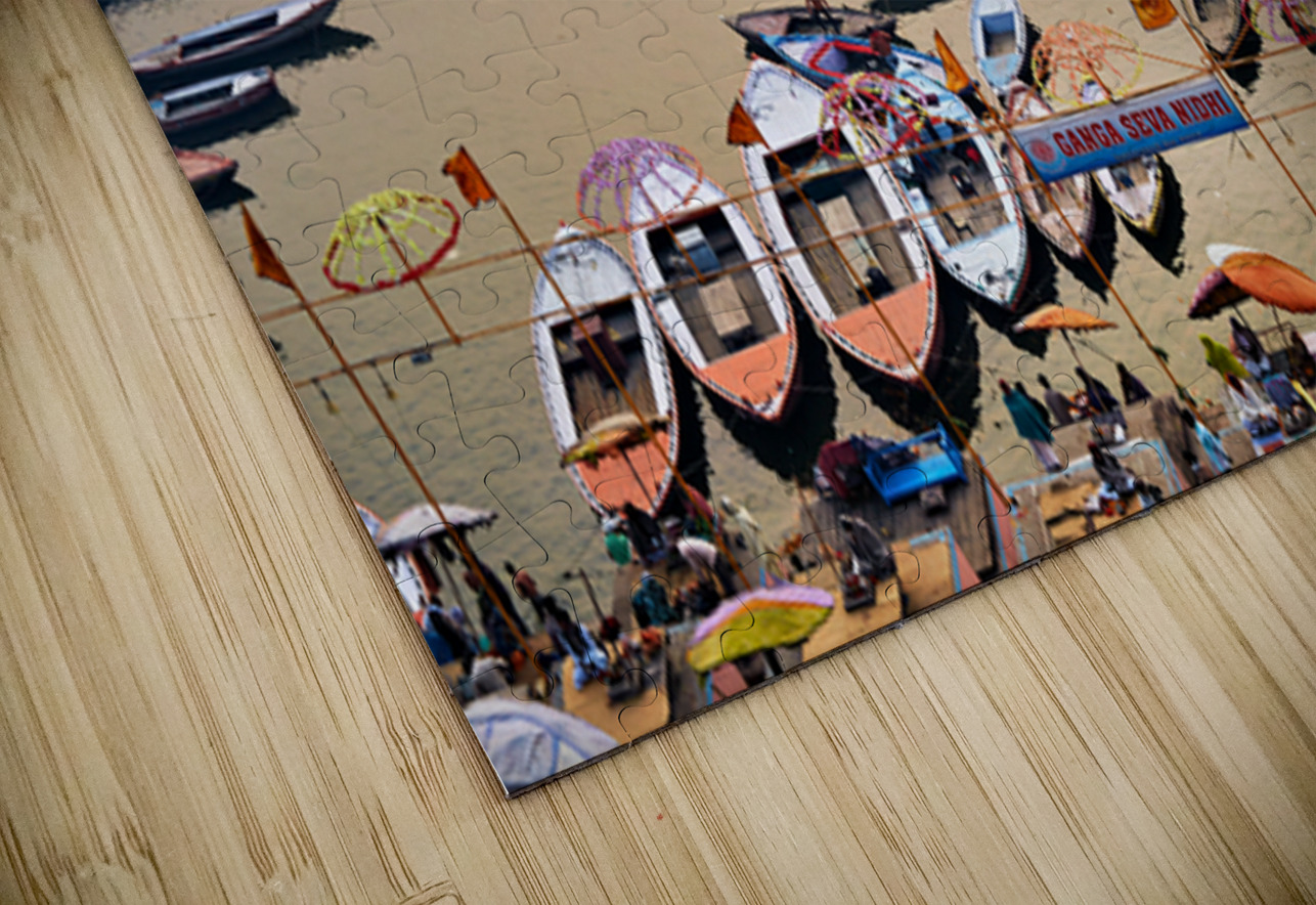 Sunrise at Ganges River in Varanasi with boats and activities Marco Brivio Puzzle