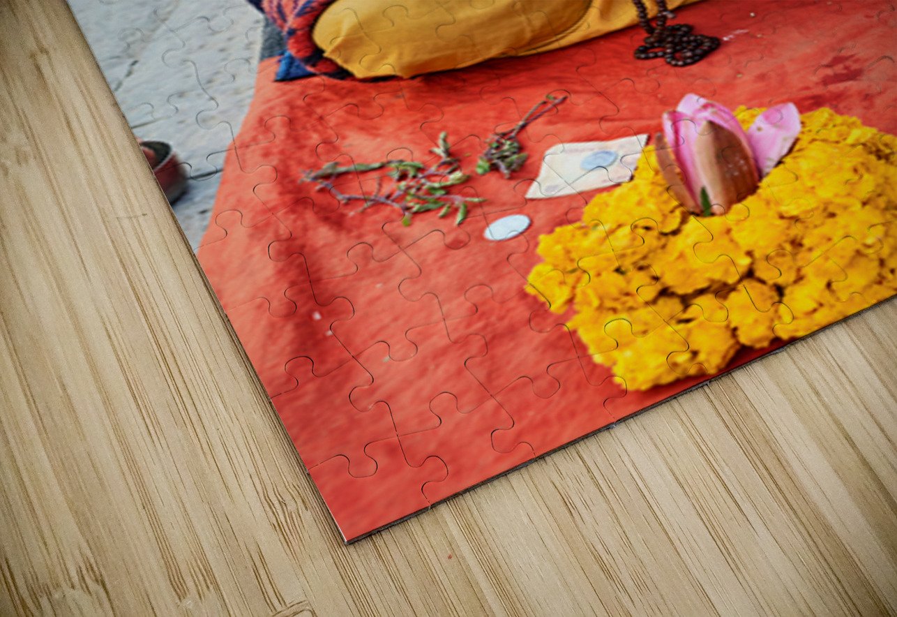 Holy man sadhu sits with offerings in Varanasi Uttar Pradesh Marco Brivio Puzzle