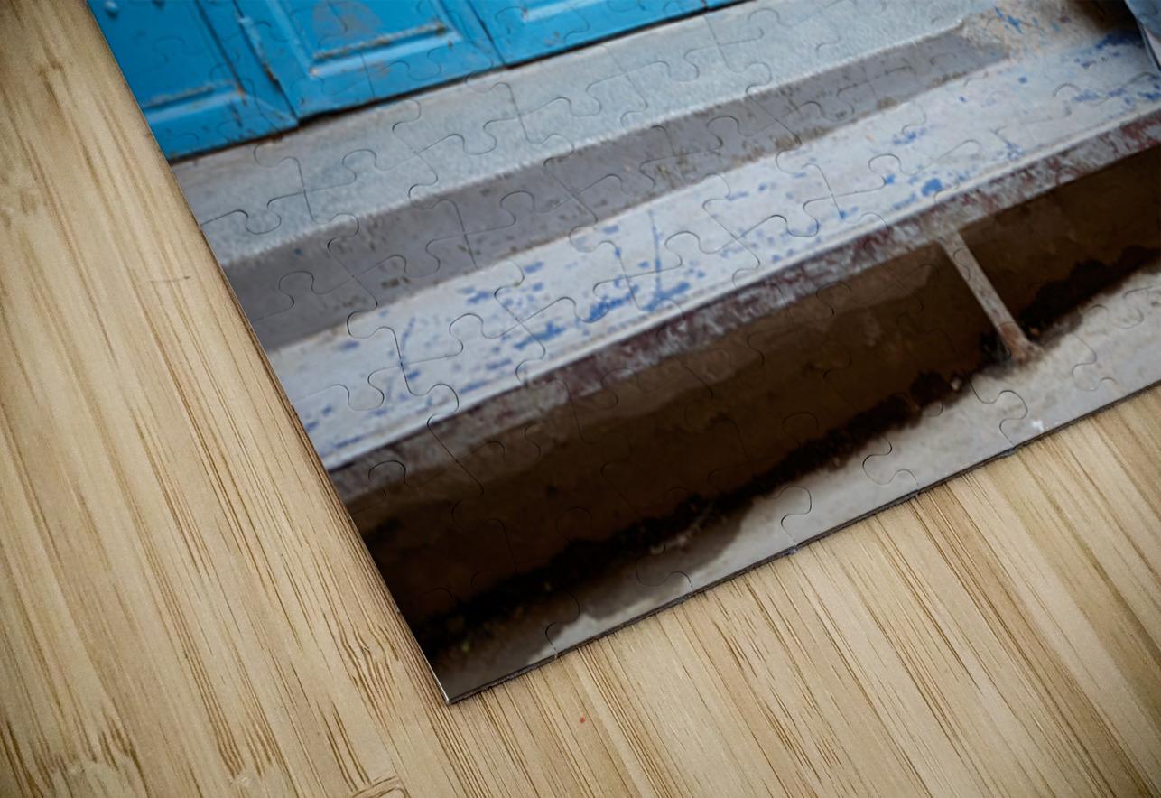 Portrait of a beggar sitting by a blue door in Fez Morocco Marco Brivio Puzzle