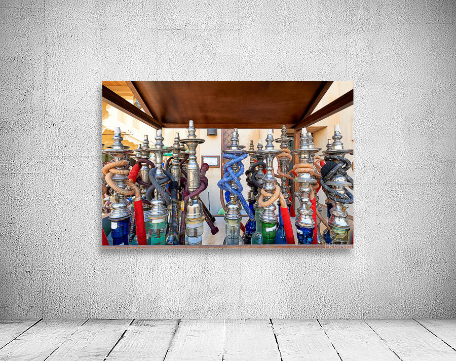 Colorful hookahs with hoses in market in Dubai UAE Wall Preview