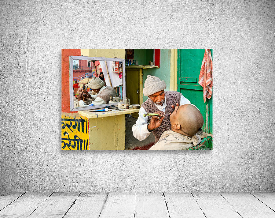 Barber provides shaving service in Varanasi Uttar Pradesh Wall Preview