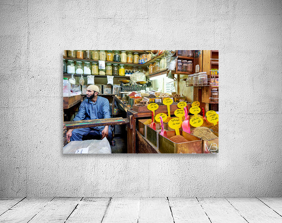 Market scene in Al Hamidiyah Souq showing spices and vendor in S Wall Preview