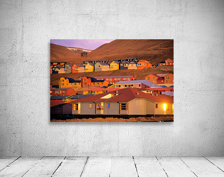 Colorful buildings in Longyearbyen Svalbard at sunset Wall Preview