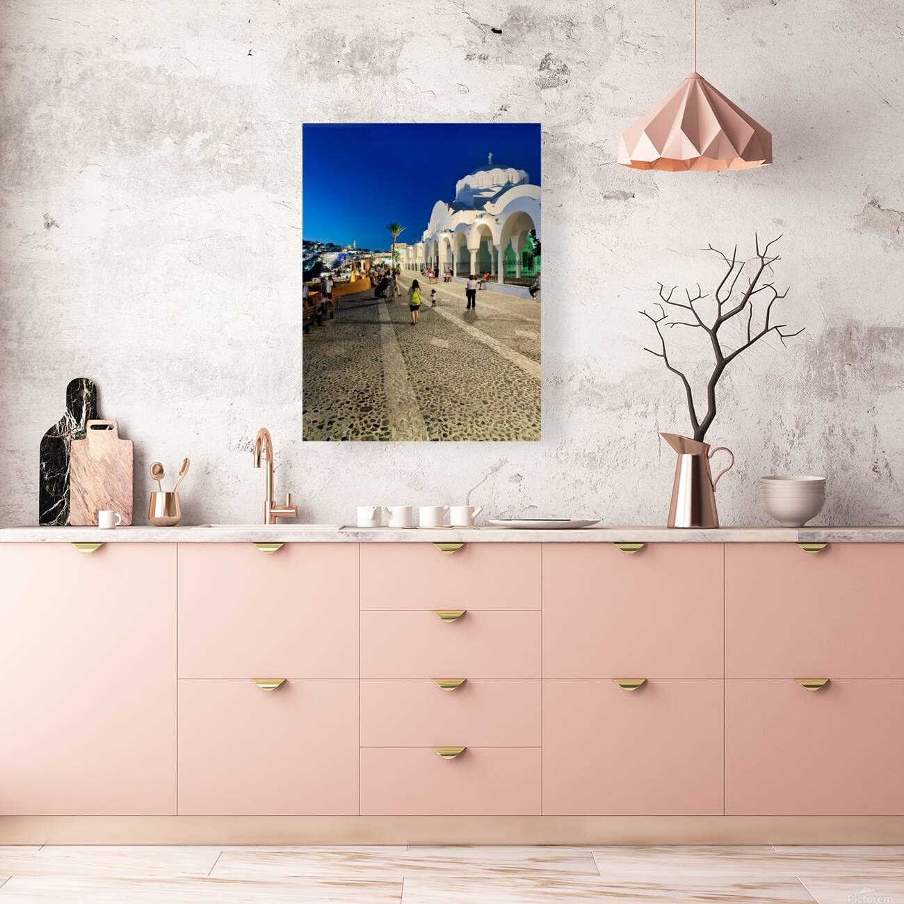 Santorinis iconic white church and bustling street at dusk. Reproduction