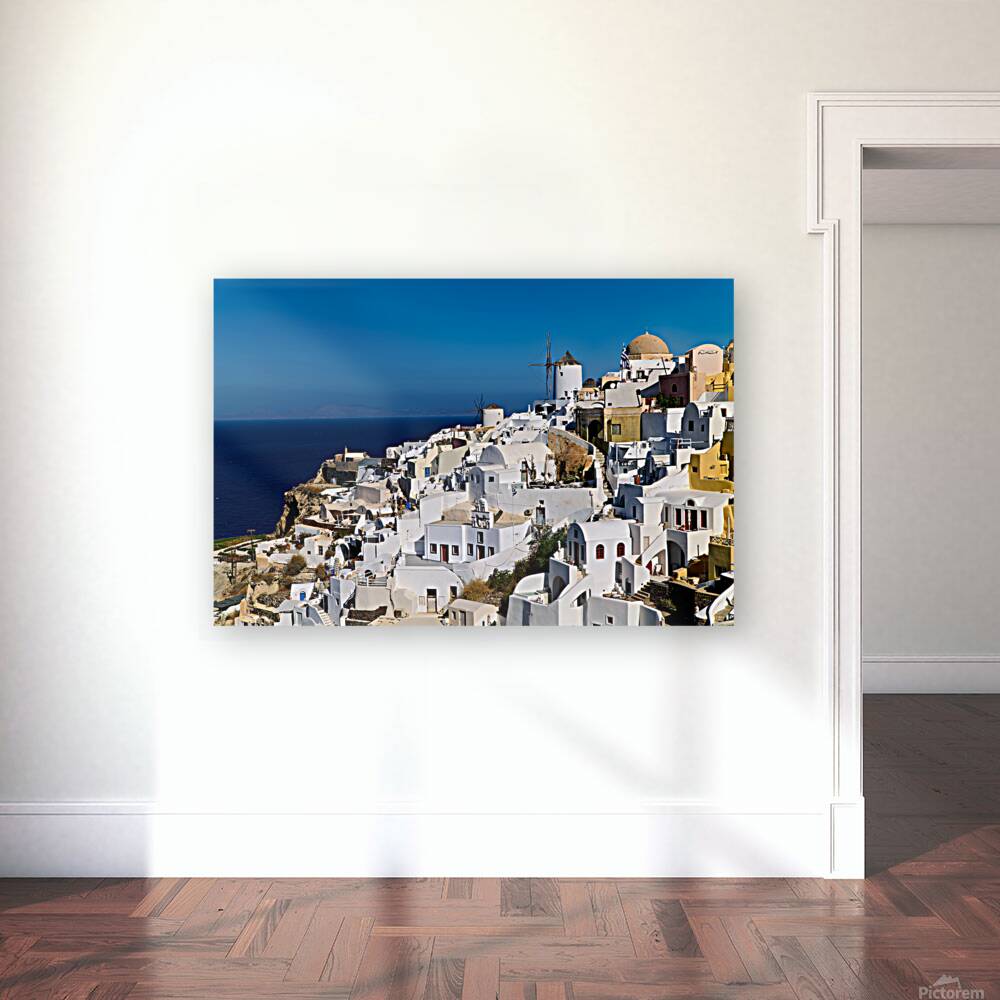 Oia Santorini: white cliffside village windmills and deep blu Reproduction