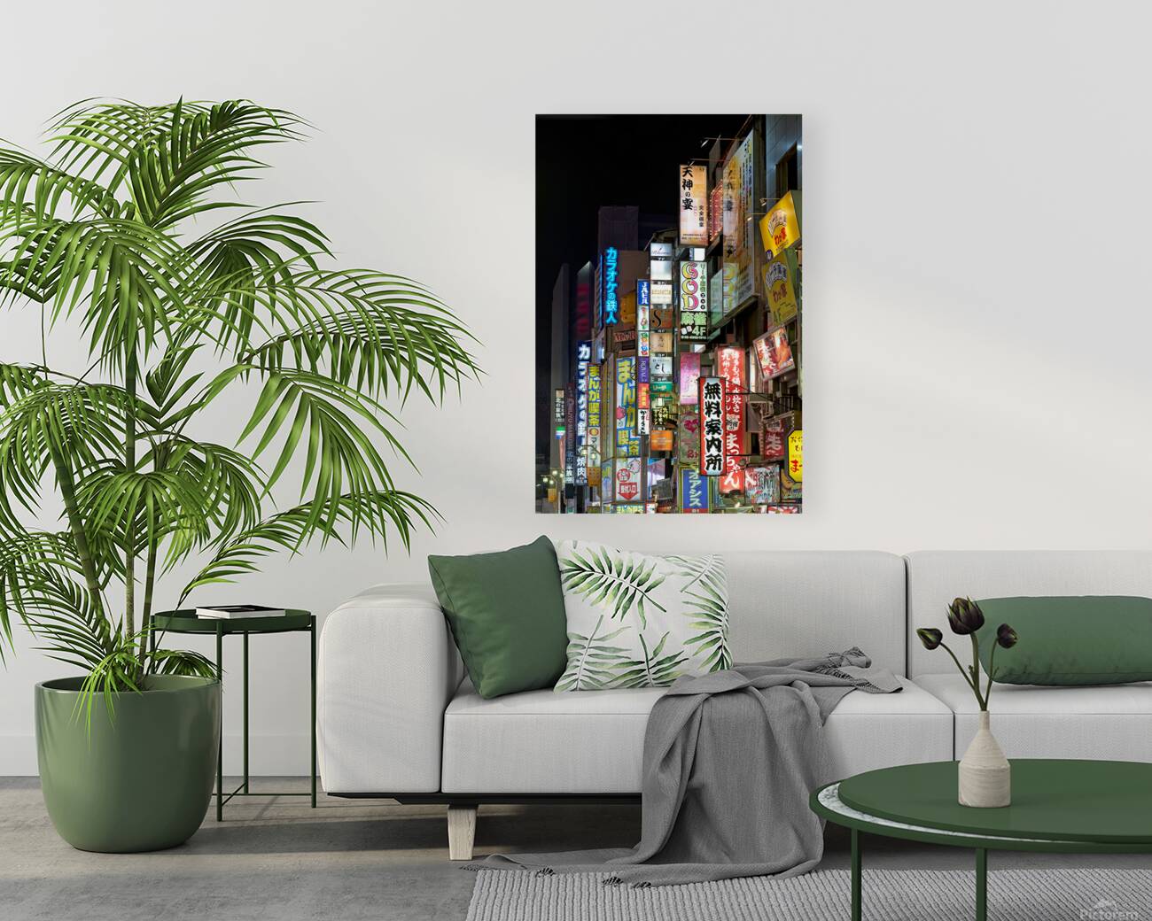 Neon lights illuminate Shinjuku district streets in Tokyo at nig Reproduction