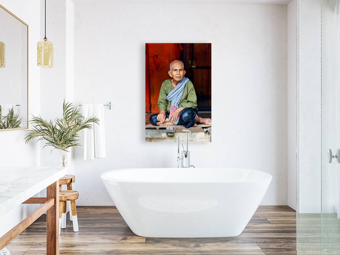 Elderly person in traditional clothing sitting calmly. Reproduction