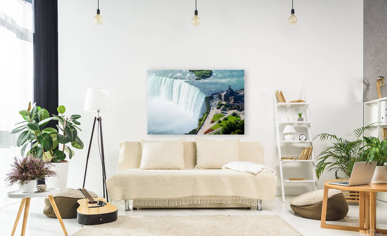 Iconic Niagara Falls viewing platform and visitor center. Reproduction