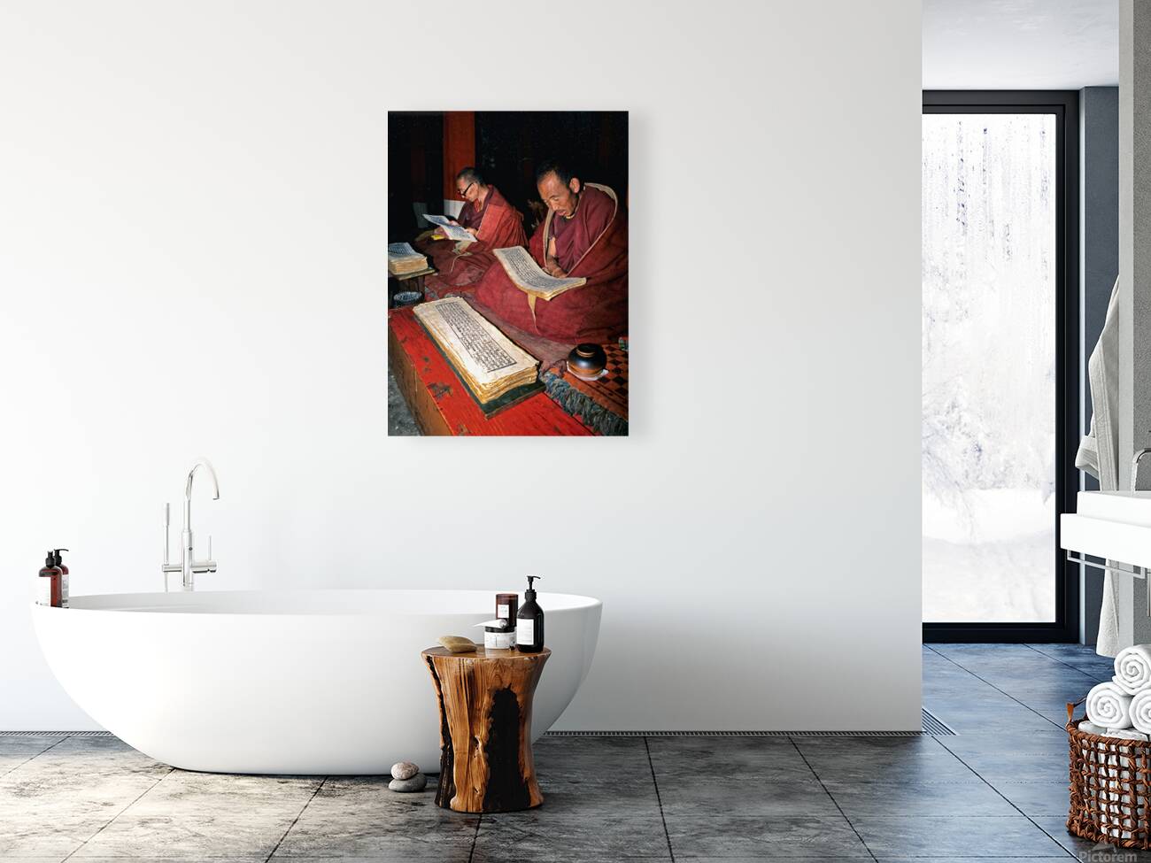 Monks read sacred texts in a Tibetan temple at night Reproduction