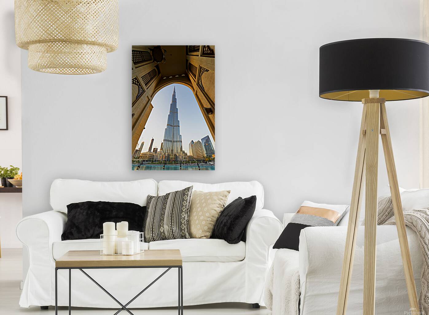 Burj Khalifa seen through ornate arch in Dubai cityscape Reproduction