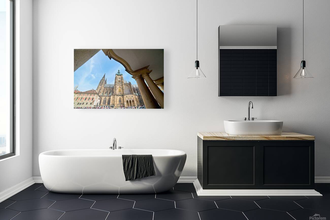 Gothic St. Vitus Cathedral in Prague framed by an arch. Reproduction