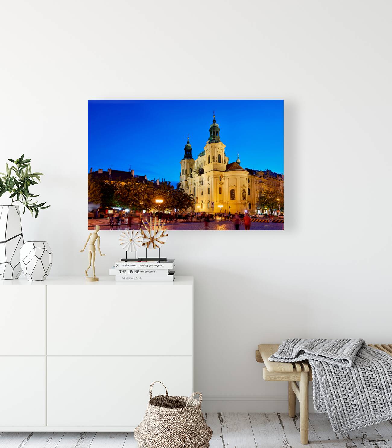 Illuminated church and lively square at night. Reproduction