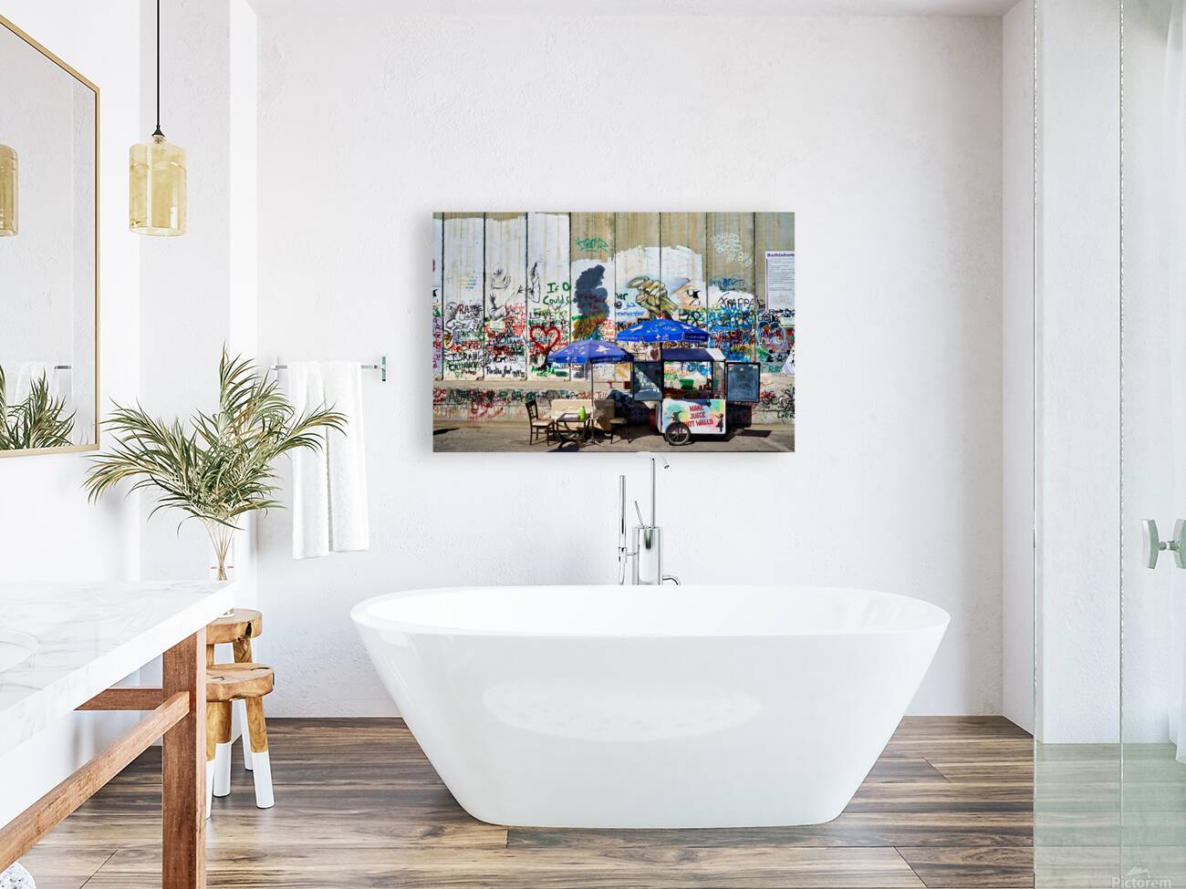 Separation wall in Bethlehem with a juice stand near graffiti Reproduction