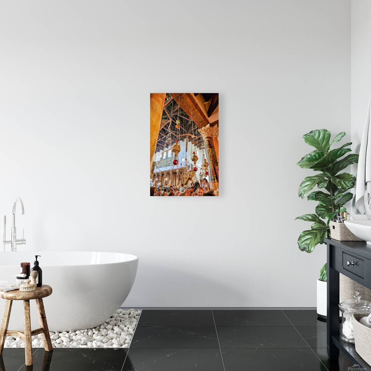 Visitors gather inside the church of the nativity in Bethlehem Reproduction