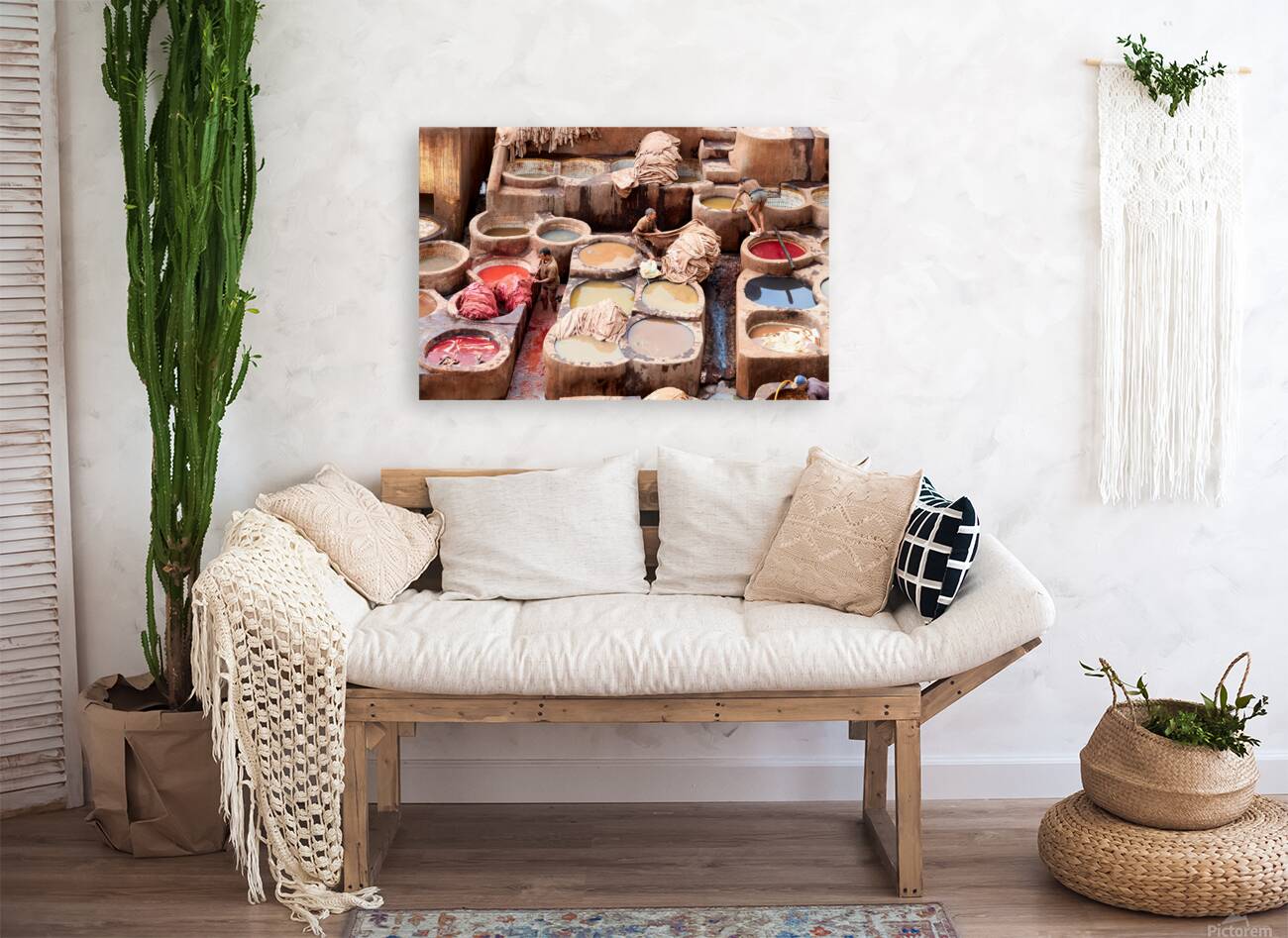 Workers dye leather at Chouara Tannery in Fez Morocco Reproduction