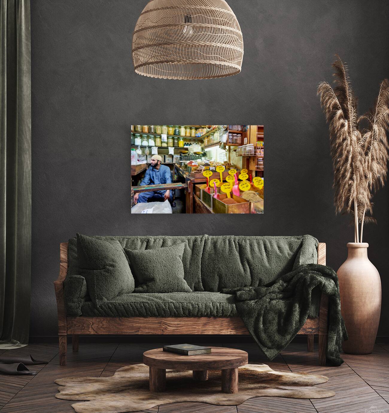 Market scene in Al Hamidiyah Souq showing spices and vendor in S Reproduction