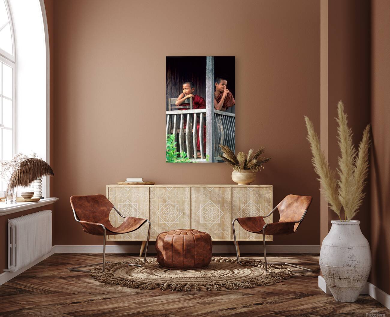 Monks sitting on balcony in Kalaw village Myanmar Reproduction