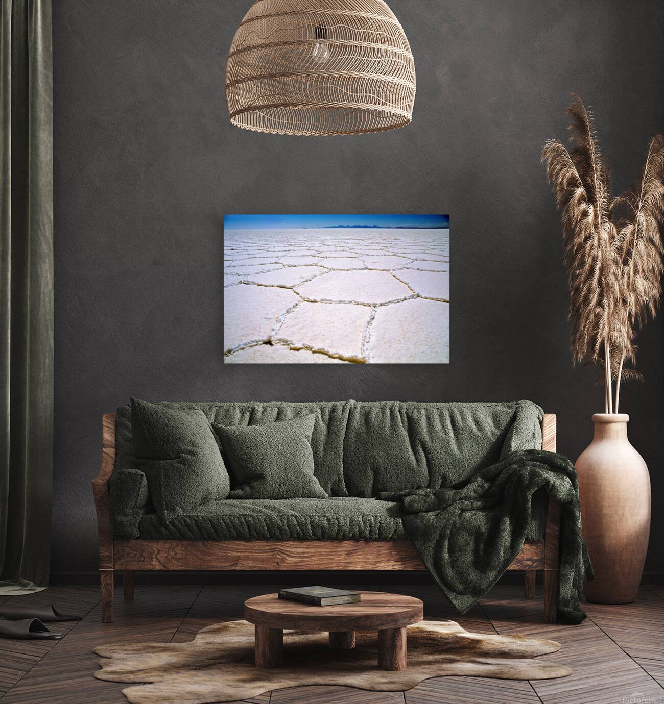 Expansive white salt flat with geometric patterns. Reproduction