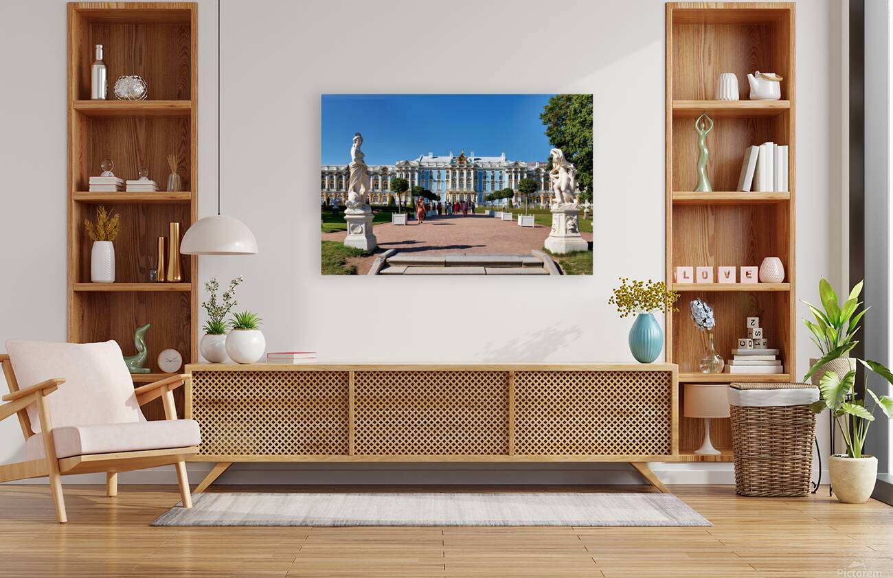 Catherine Palace in Saint Petersburg with visitors and statues Reproduction