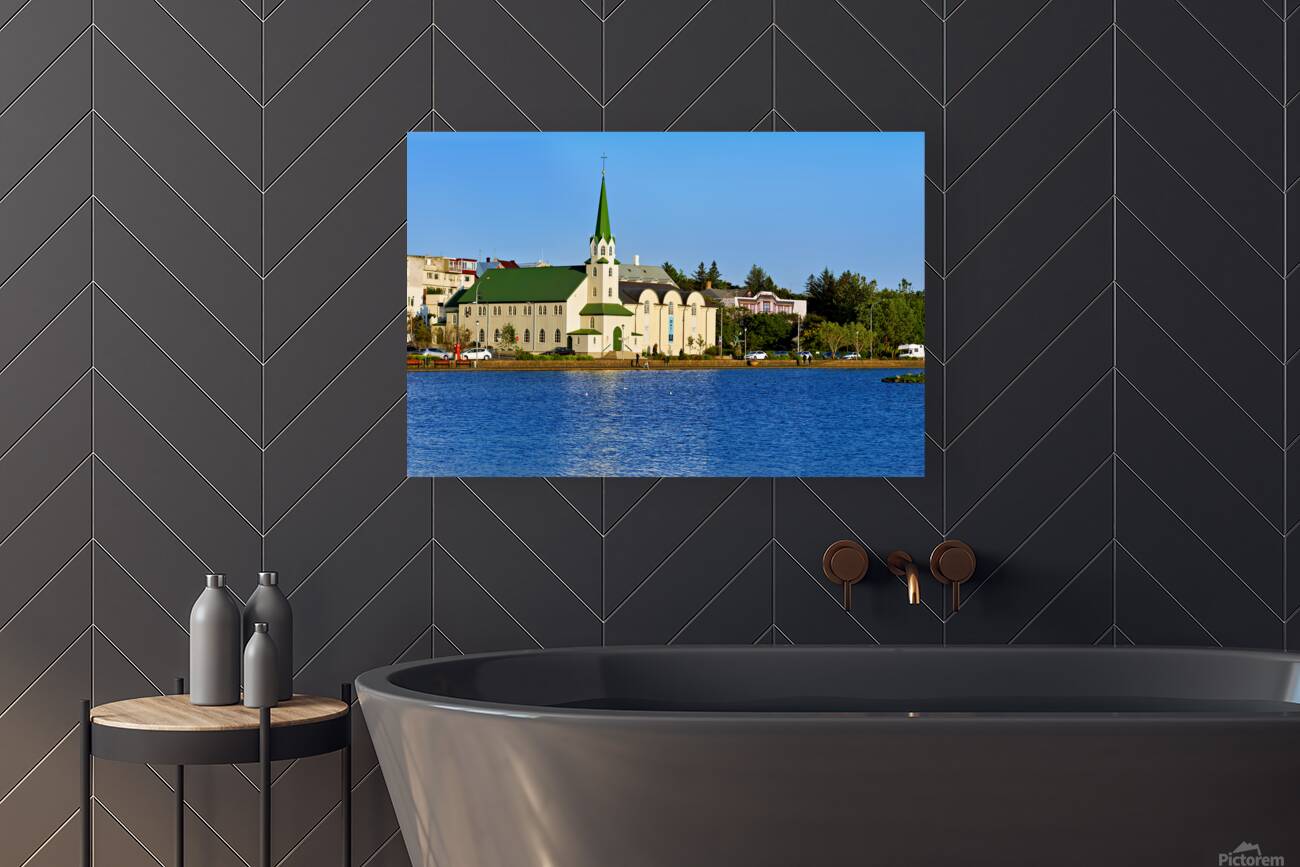 Lutheran Free Church near Lake Tjornin in Reykjavik Iceland Reproduction