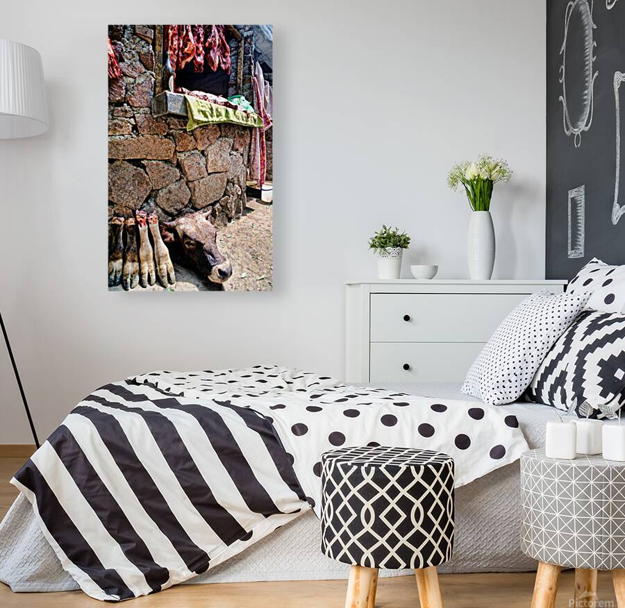 Butcher shop on street in Uzbekistan shows meat and cow parts Reproduction