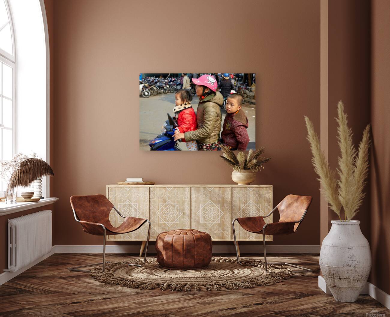 Children riding a motorbike in Hanoi streets Reproduction