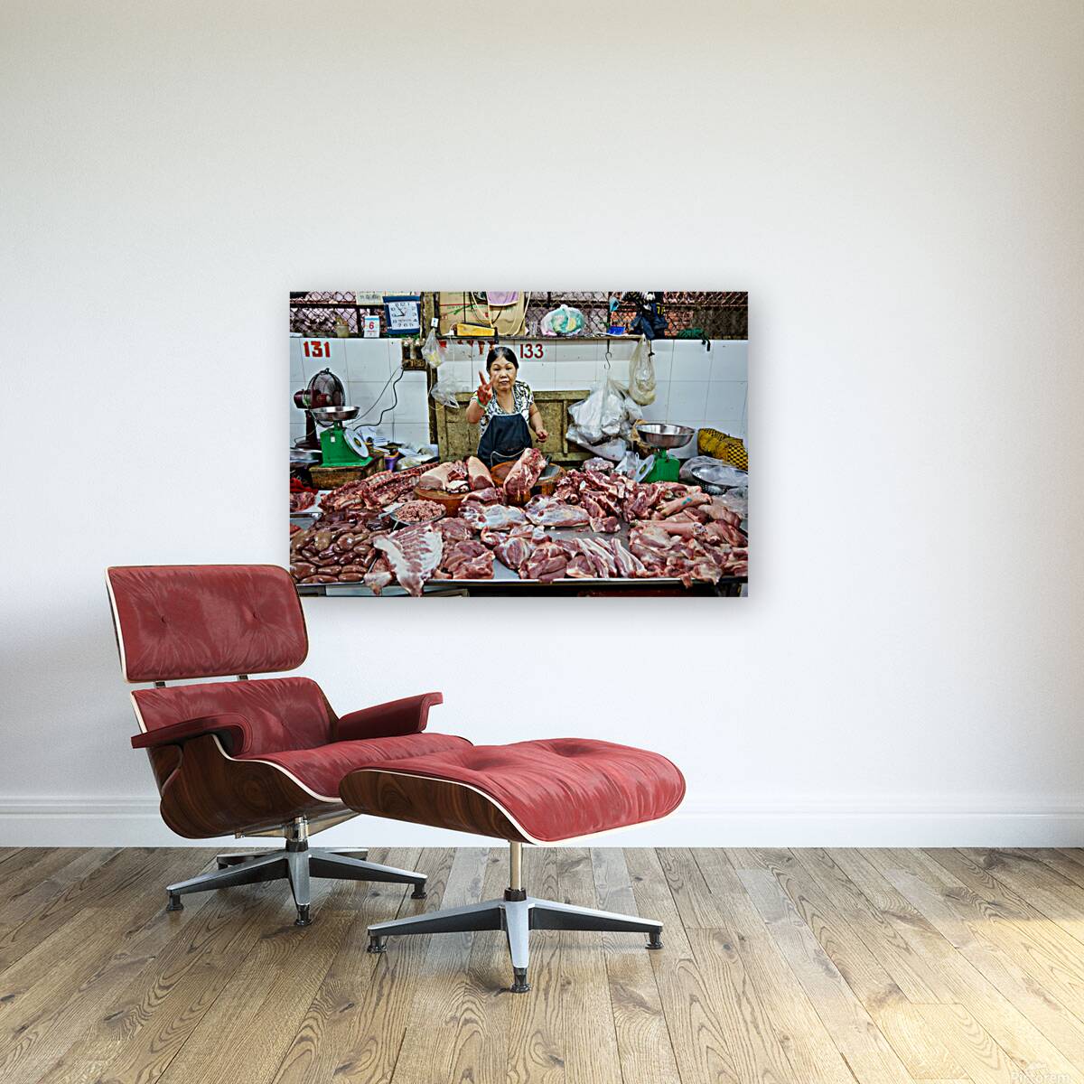 Market scene in Ho Chi Minh City with meat vendor Reproduction