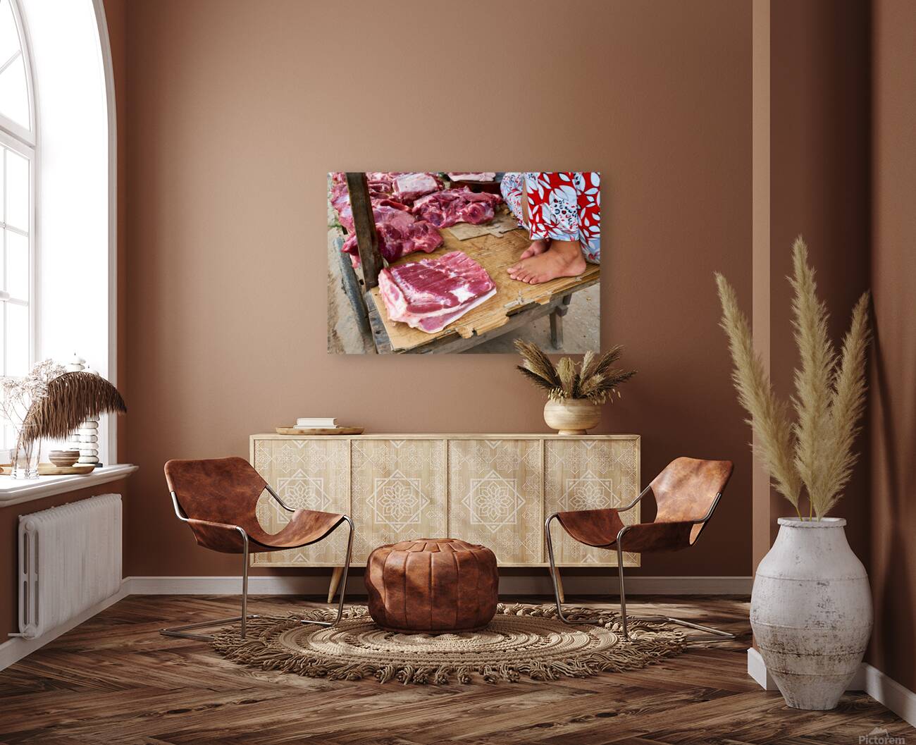 Fresh meat vendor in Phu Quoc market during daytime Reproduction