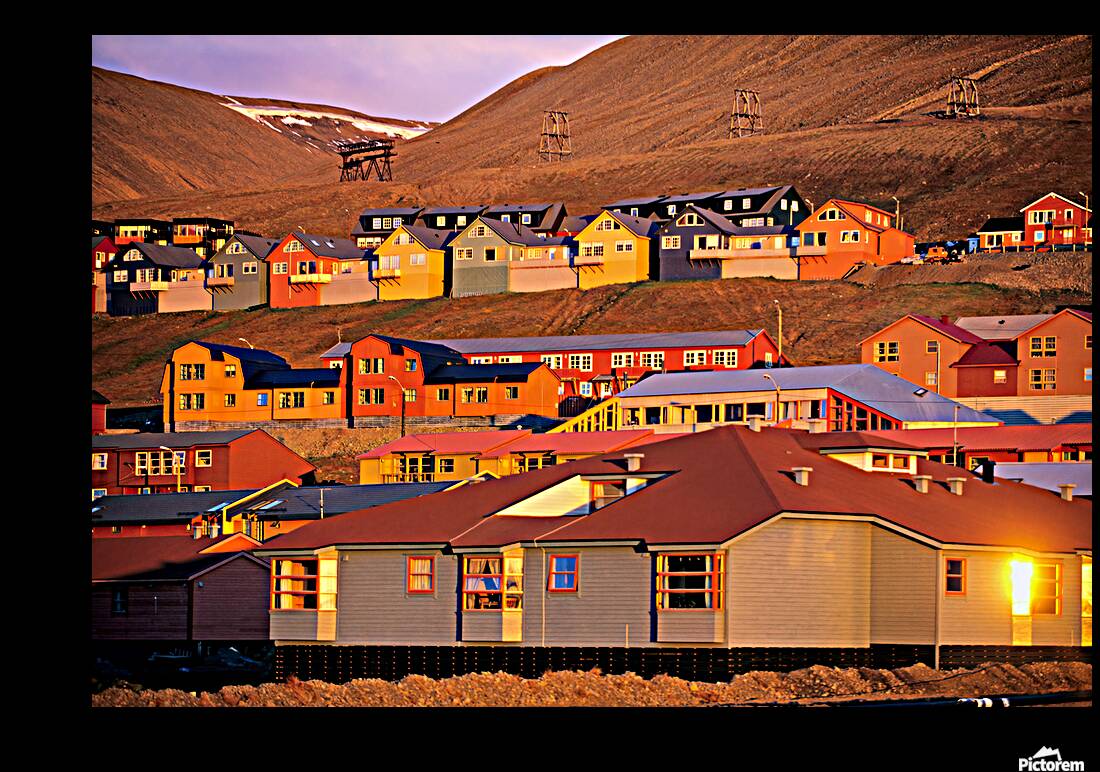 Colorful buildings in Longyearbyen Svalbard at sunset Reproduction