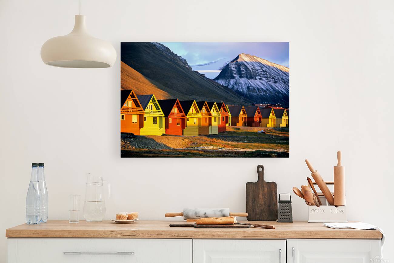 Colorful houses in Longyearbyen Svalbard during sunset Reproduction