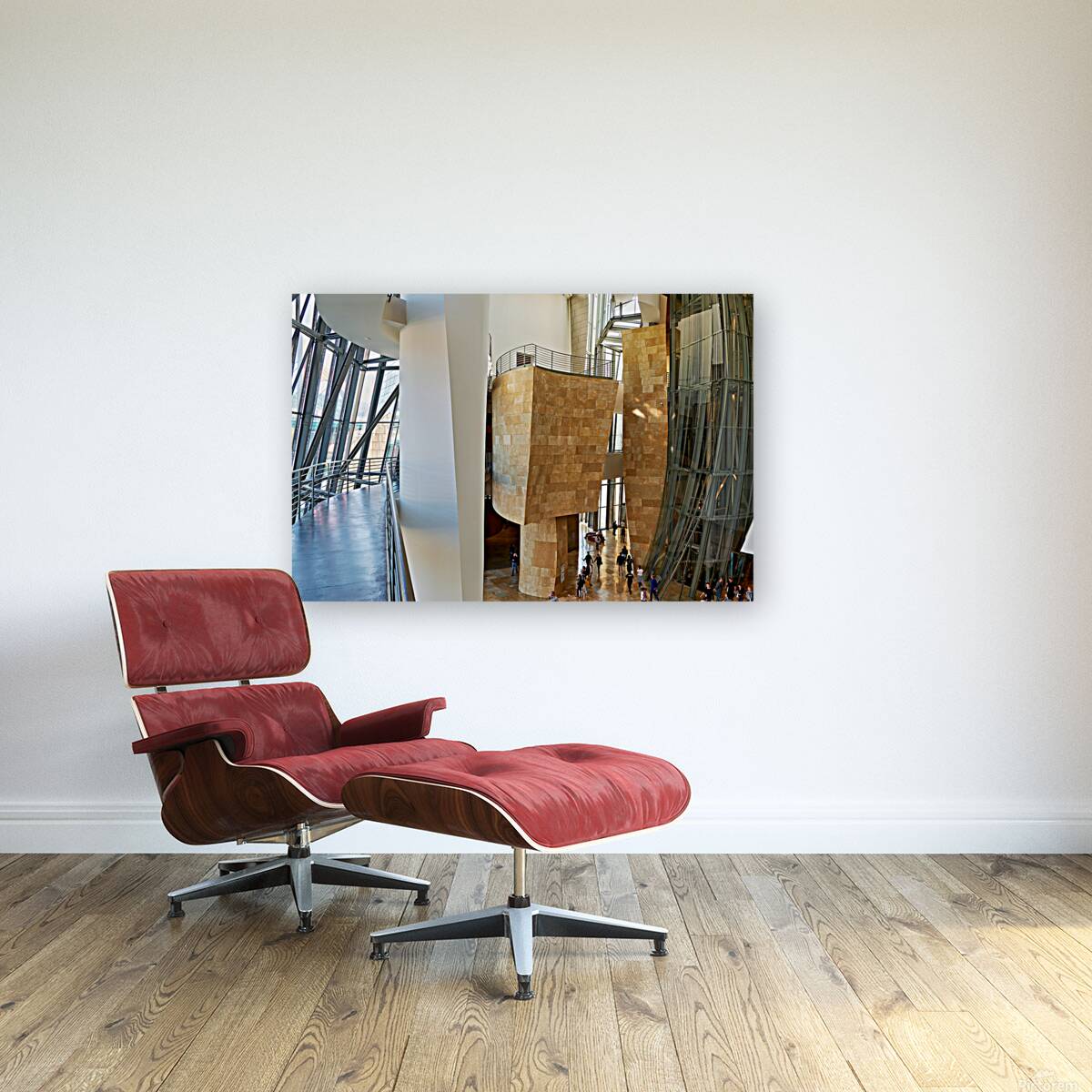 Inside Guggenheim Museum in Bilbao Spain with visitors walking Reproduction